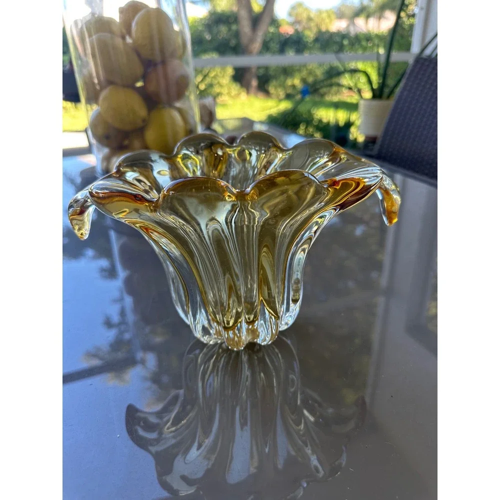 Amber Glass Art Bowl‎ Candy Dish Trinket Tray Floral Petal Design vintage gorg!
